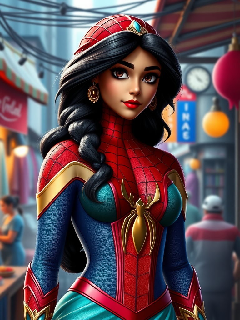 Create a full-body photorealistic render of Princess Jasmine, maintaining her head but transforming her body to exhibit Spider-Man's physique. Adjust the body structure to reflect a masculine silhouette while keeping Jasmine's original facial features. Redesign the costume to harmonize with the new body type, ensuring it retains elements of Jasmine's original attire. Position the character in a vibrant, dynamic urban setting that fits the themes of both Princess Jasmine and Spider-Man, incorporating elements such as market stalls or rooftops to enhance the scene's authenticity.