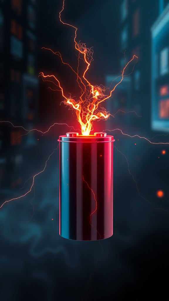 The appearance of an electric spark in a secondary battery, expressed as a realistic image with 3D rendering, the background expressed as a cybernetic and mysterious image, and the overall color as a luxurious and stable color.