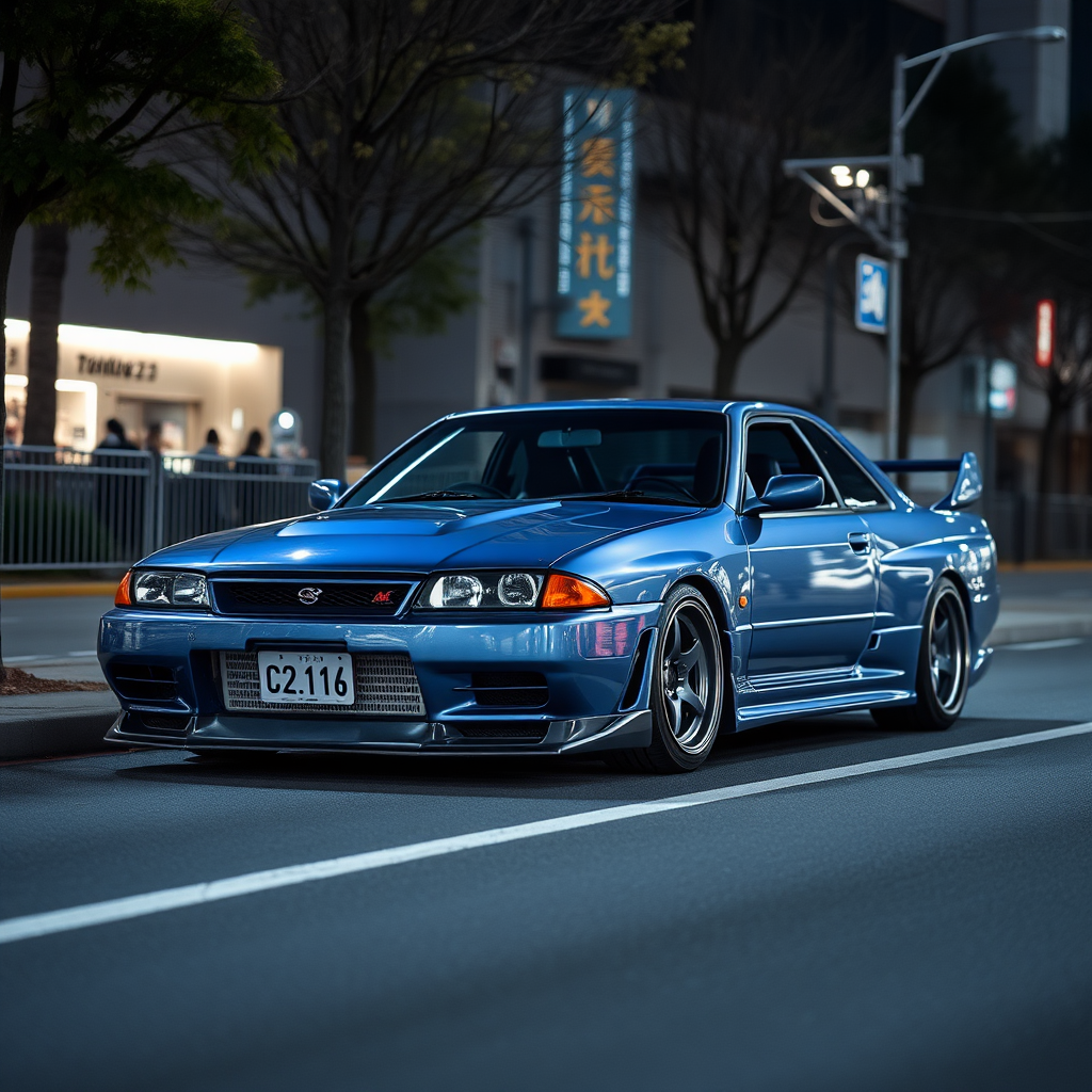 The car is parked on the side of the road, inspired by Taiyō Matsumoto, tumblr, restomod, nd4, c4 metallic shine nissan skyline r34 kalabalik tokyo gece arkaplan