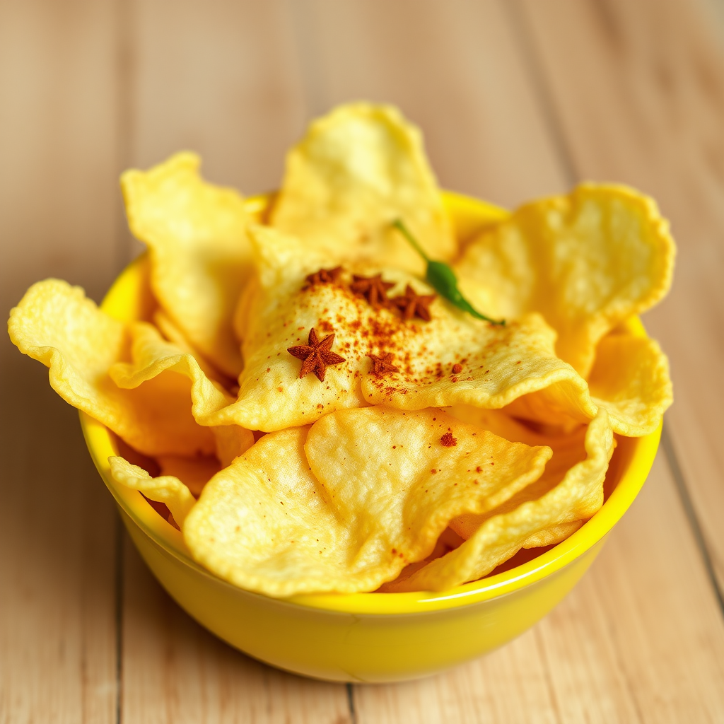 chips with indian spices in a yellow bowl