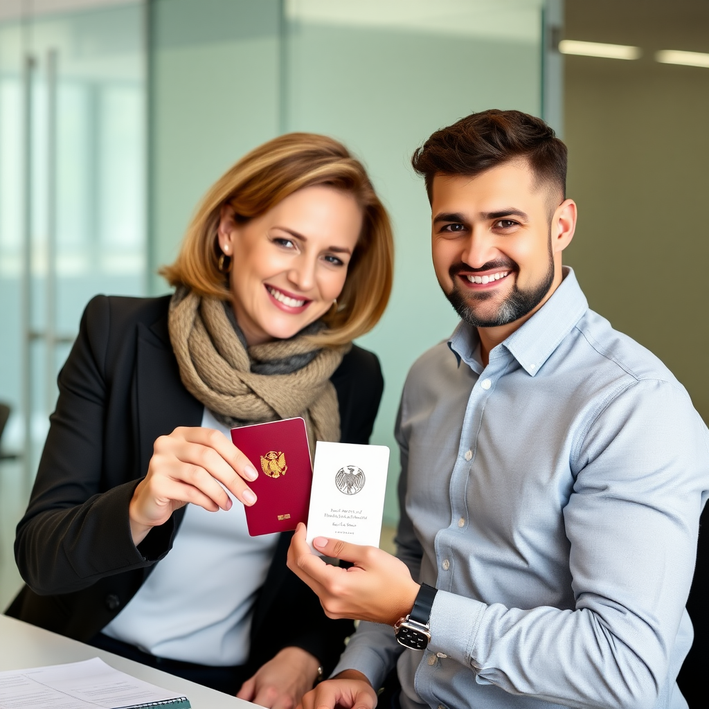 German Woman giving a German Passport to a Syrian Refugee in her Office