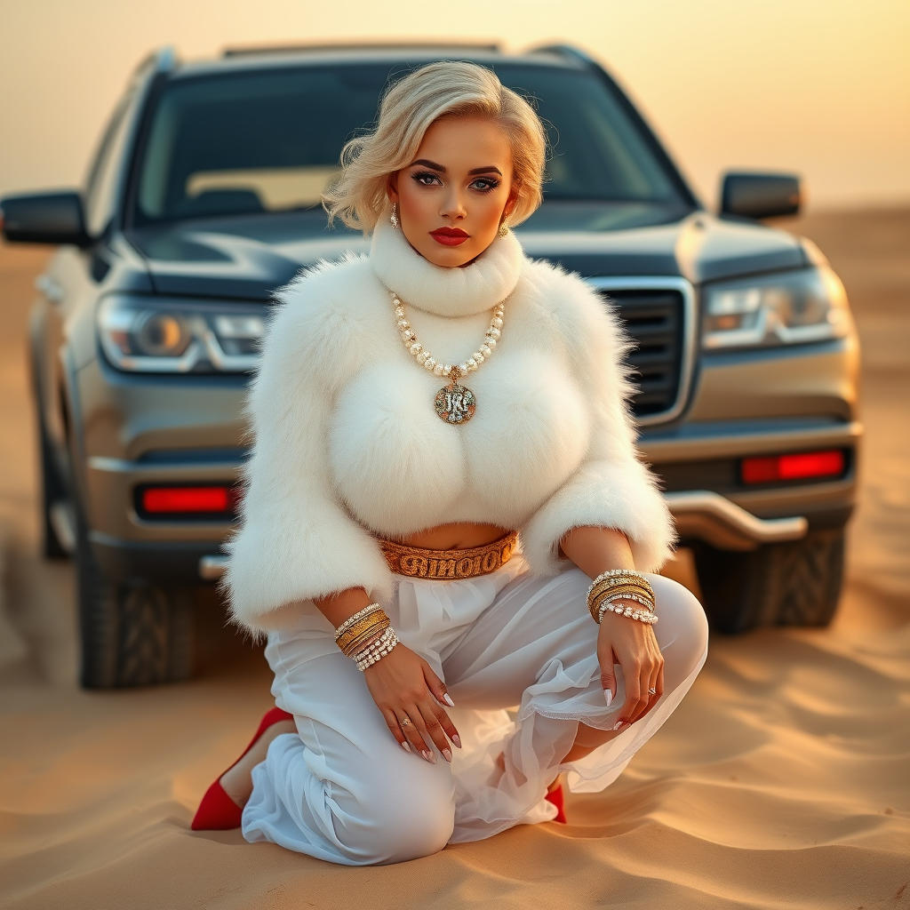 Kuwait desert dunes misty dawn, full size luxury SUV: Melissa, European 17 years old very convincing femboy “trophy-bimbo”, tamed servile docile, very beautiful feminine flawless face, rather short, by hormones very curvaceous womanly figured, platinum blond short tight curls, bold red lips, long white French nails, heavily made-up face, wearing Supertanya-style fluffy very fuzzy bright white angora turtleneck-poncho cropped ending under bust decorated with pearls and glass stones, striking oriental wide gold bridal protection belt, white fully transparent harem pants, bright red pumps with golden very high heels, full Oriental bridal jewelry including headpiece, nose-ring, coin wristlets, coin anklets, striking diamond “Bimbo” letter brooch on left chest, thick heavy pearl wristlets, pearl anklets, pout frustrated, kneeling in sand in front of SUV, looking at camera. Focus on face and turtleneck-poncho.