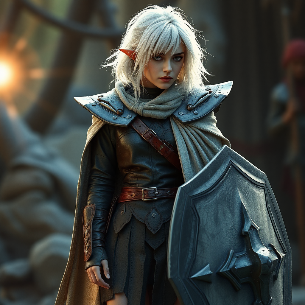 A twenty-something elf girl like (ana de armas). messy shoulder length white hair. wide triangular shoulder pads, flowing cloak, leather armor, shield, skirt, high heel ankle boots. WLOP style. Photorealistic digital matte painting, highly detailed, film grain, lens flare, chromatic aberration.