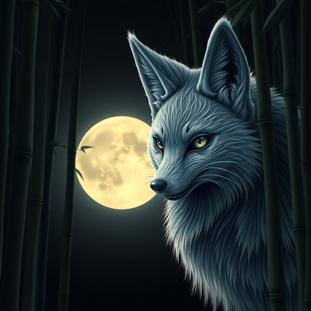 a scary look silver nine-tail-fox with the face of an Korean woman, in front the full moon in a bamboo forest