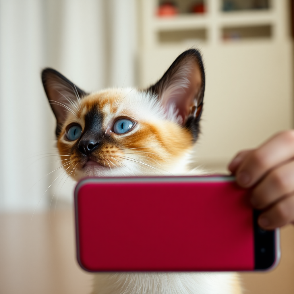 a siamese kitten taking a selfie on a cell phone