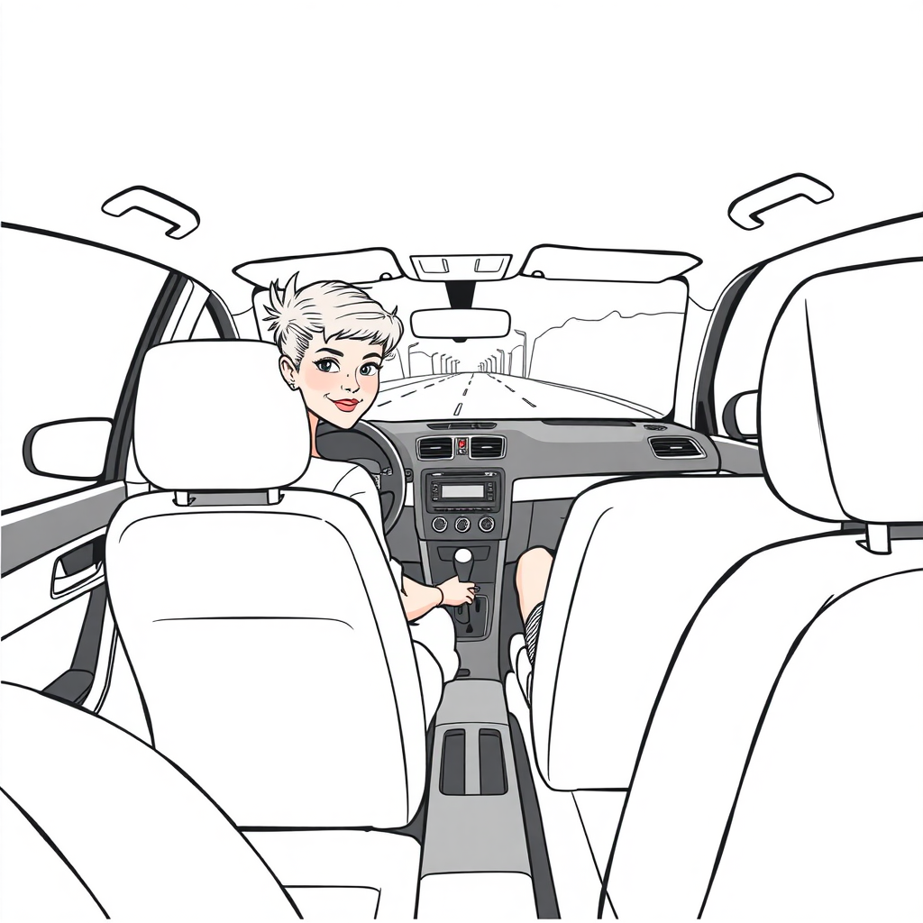 inside view of a VW Polo V from the front passenger seat point of view, looking at the driver seat from the side, pixie haircut woman driving, skirt, she is looking at the camera over her shoulder, long establishing shot, 2D, caricature, cartoon, Sketch lines, coloring book, coloring book style on white background, well composed, clean coloring book page, No dither, no gradient, strong outline, No fill, No solids, vector illustration, side view, vector illustration, movement lines, from above