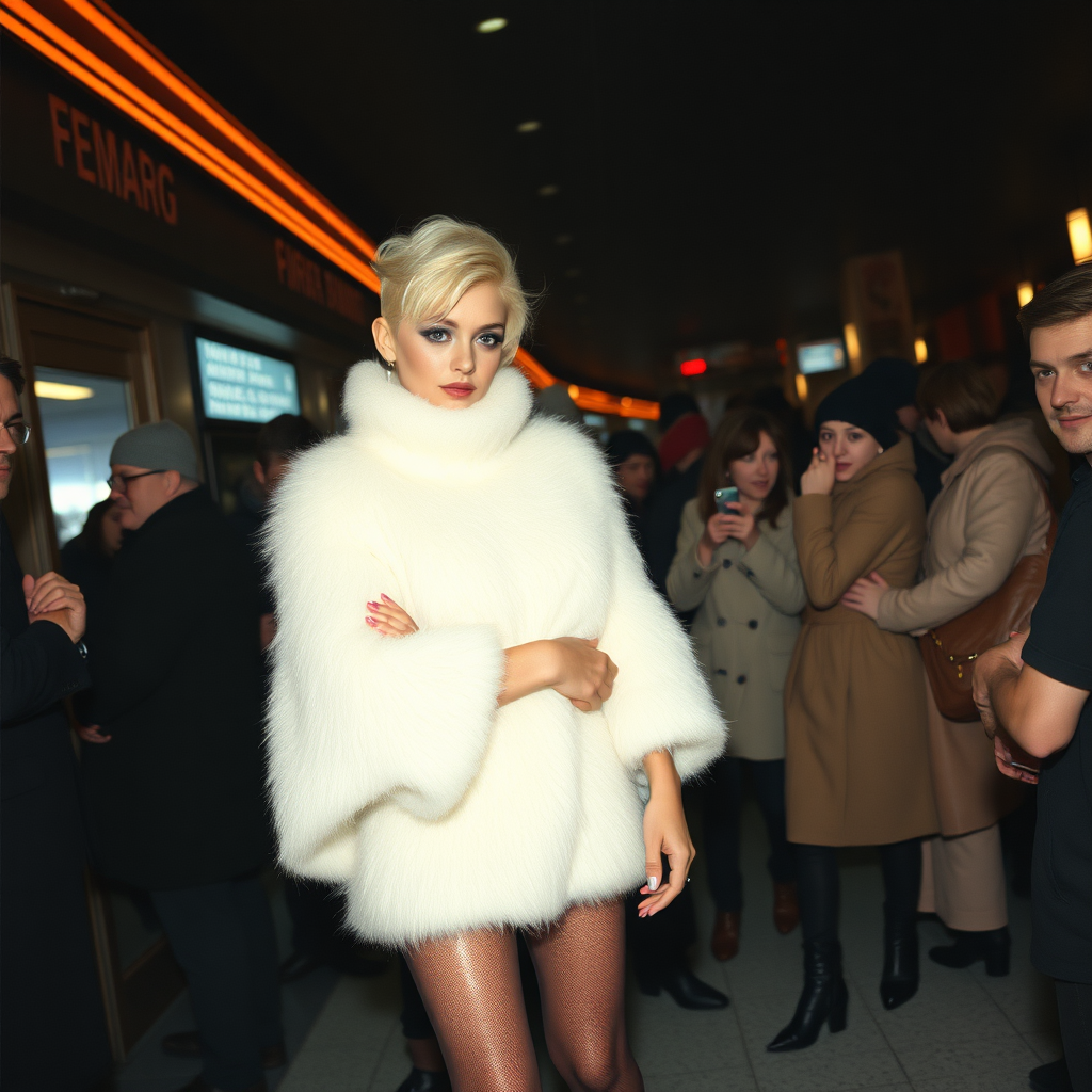 1990 winter evening, crowded cinema lobby: Sam, 19 years old beautiful involuntary femboy, rebellious intractable character, petite boyish figure, platinum blond boyish rebel punk hairstyle, flawless heavily made-up face with sharp arched tattooed eyebrows, wearing Supertanya-style fluffy very fuzzy bright white angora thigh-length turtleneck-poncho fully covering body and arms, silver-glitter leggings, black leather high-heeled pumps, silver earrings, puzzled alarmed, pout serious, impatiently waiting for her master. Other visitors watching laughing taking pictures. Full view of scene.