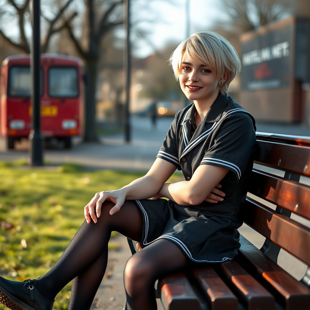 photorealistic, ultra high resolution, 16K, surreal fantasy, soft studio lighting, a pretty 18 year old goth male, slim male physique, short blonde hair, goth makeup, earrings, shiny black pantyhose, UK girls-school uniform, Mary-Jane shoes, sitting on a bench waiting for the school bus, in daylight, excited smile, facing the camera.