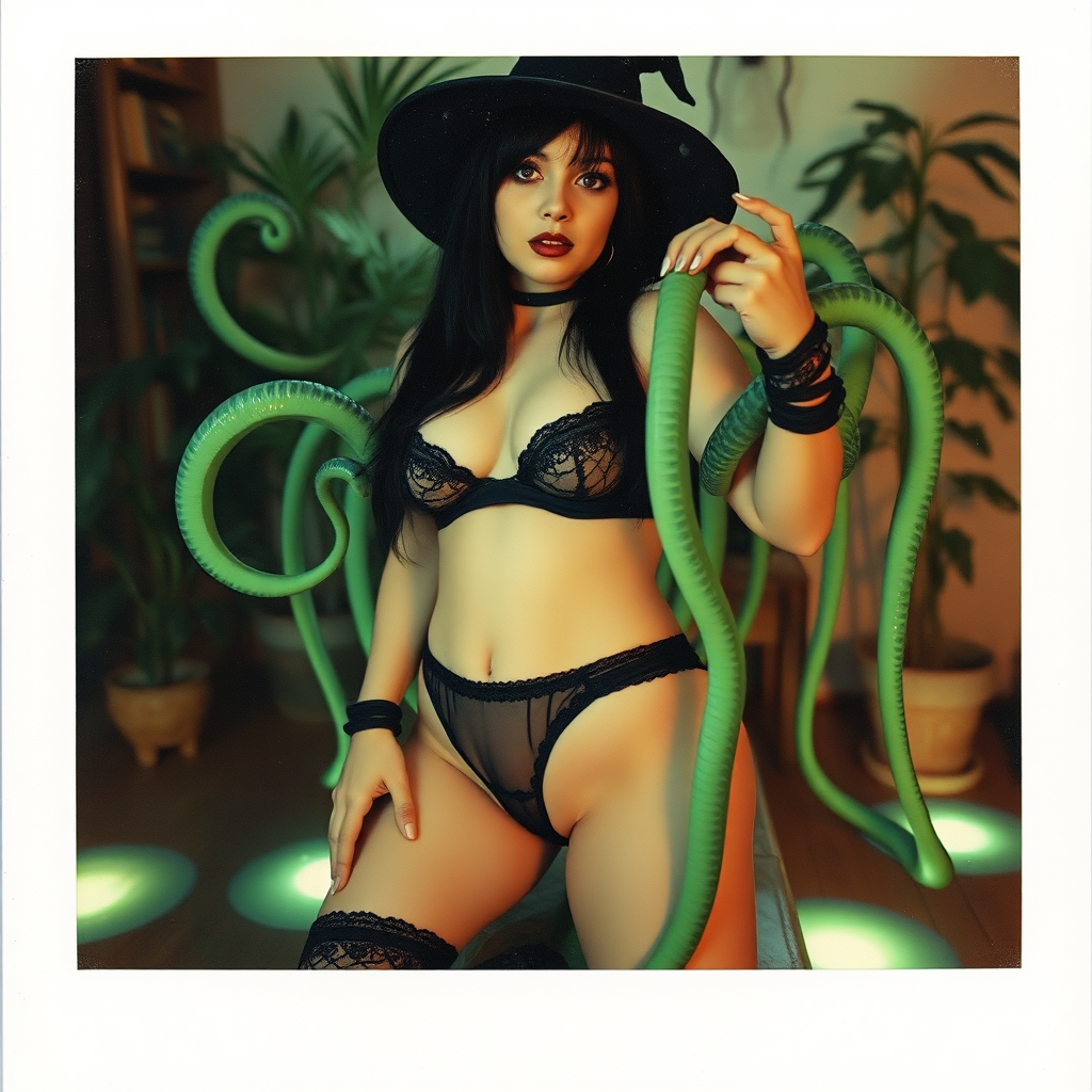 An old polaroid photo with a color tint to the photograph and visible light leaks. The photo depicts a sexy alt goth girl with pale skin and black hair. She has a plump booty. She has large breasts with ample cleavage and she is wearing a skimpy thong. The fabric of her thong is skimpy and black and barely covers her and her bra is translucent and black. She is in a photography studio with artistic lighting and plants are all around her. She is wearing a witch hat. She is restrained and surrounded by glowing green tentacles coming out of magic bright glowing pools of water on the floor, wrapped around her arms and legs.