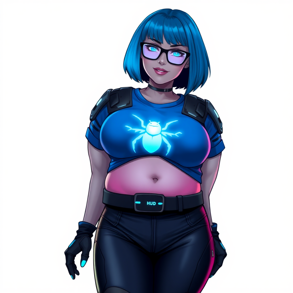 A 28-year-old, full-figured, middle gray skinned computer program hybrid with a maximum blue bob cut. She has a non-athletic build, highlighted by a prominent, round, large midsection (with heavy emphasis on her belly), which the aftermath of pampering. As the heavily pampered digital sidekick to her cyberpunk vigilante boyfriend, her middle gray metallic skin and maximum blue lipstick emphasize her digital nature. She wears a digital, computerized costume consisting of a huge, tight-fitting, maximum blue t-shirt with a neon blue glowing chest icon of a beetle, hi-tech shoulder pads with neon blue accents, a black hi-tech belt with a digital neon blue glowing buckle, digital black biker pants with neon blue accents, and black hi-tech gloves with neon blue glowing accents. Her neon blue glowing eyes, black eyeglasses with a neon blue glowing HUD built in its lenses, and shy smile with neon red blush accentuate her nerdiness. She stands bashfully with her hands behind her back, her costume covering all her skin and emphasizing her full-figured physique (especially her belly). She is clearly non-athletic, with a focus on her full-figured physique. Despite her build, she radiates beauty. She has a slim face compared to her physique, accentuating her radiant beauty. She is on a solid white background. She is drawn as if she was in a retro 2D cyberpunk fighting game.