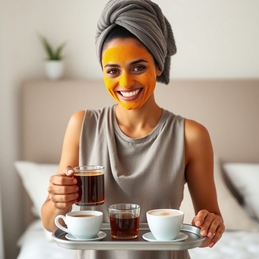 slim, 30 year old, indian wife, towel head, turmeric face mask. She is smiling and serving bedside coffee on a tray.