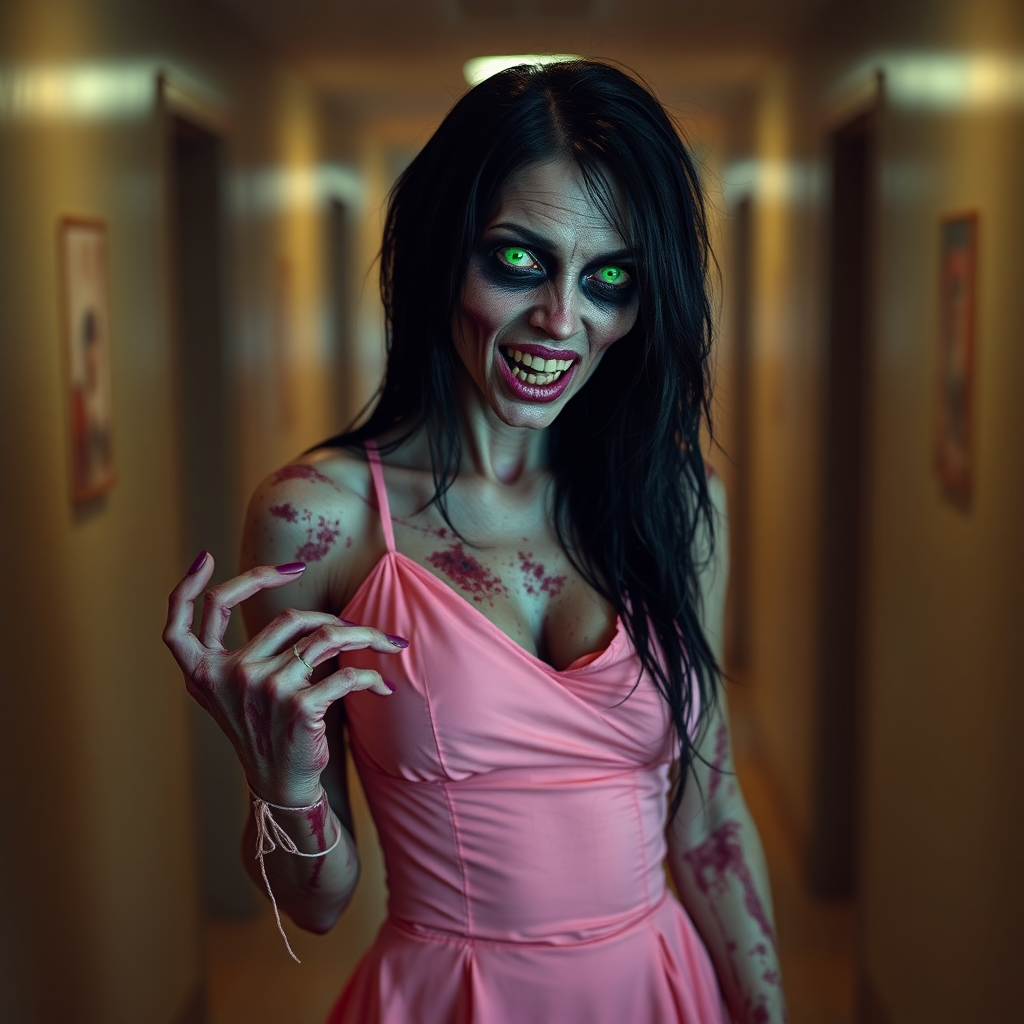 dawn of the dead, sexy skinny extremely horrific zombie woman, black raven hair, green glowing, perky boobs, purple nails, purple lips, all over her body rotten pale skin, wearing a pink dress standing in hallway, whole body shot