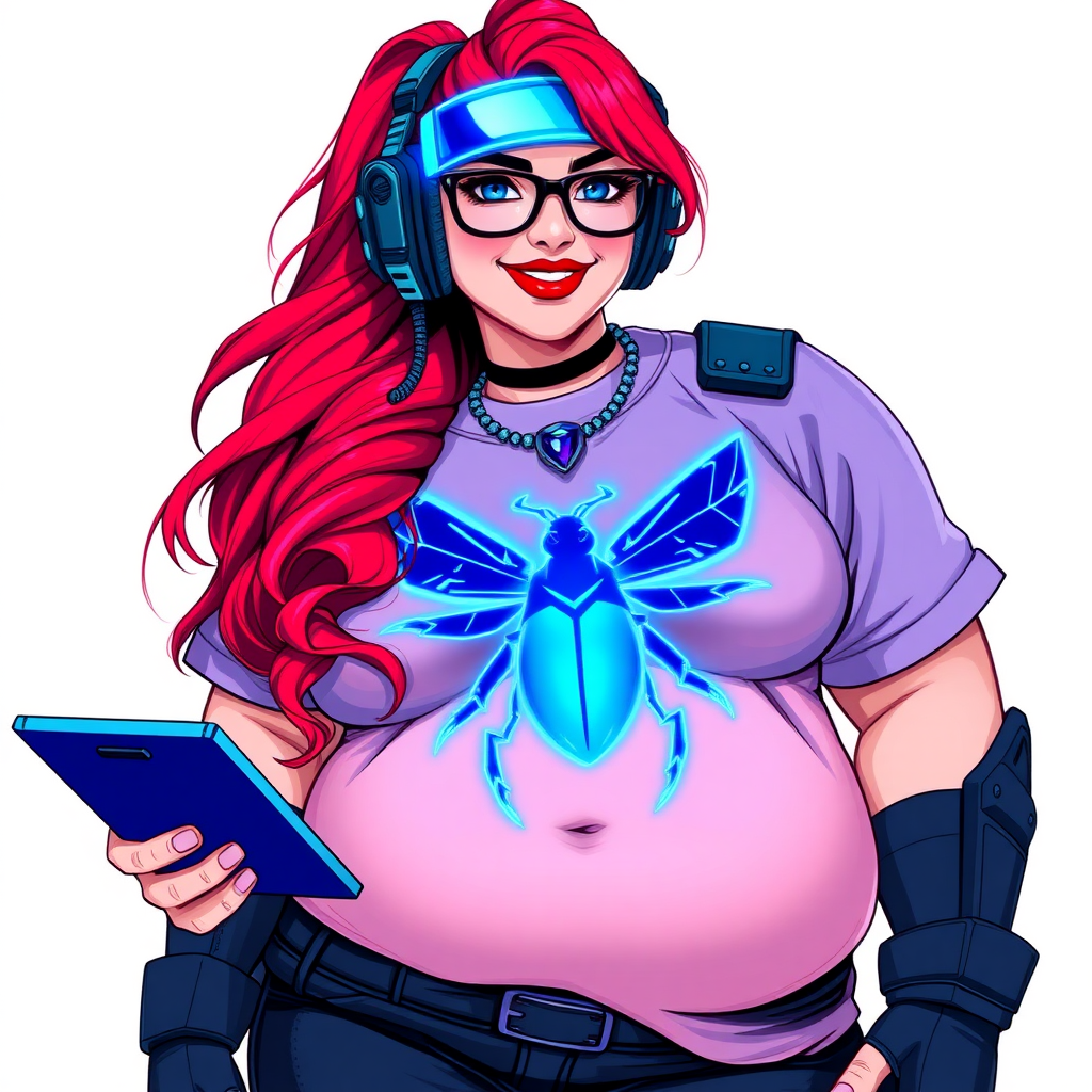 A cyberpunk vigilante’s full-figured intelligent and tech-savvy 29-year-old girlfriend, who is a computer hacker and tech genius. She has a long ruby red ponytail and bright blue eyes. She wears a sapphire beetle gemstone necklace, and an armored, oversized, Maximum Blue (RGB 71, 171, 204) t-shirt featuring a giant neon blue glowing chest icon of a winged beetle. She has a full-figured physique with a prominent, giant, well-rounded midsection, reflecting her well-cared-for lifestyle. The midsection is heavily emphasized. She sports a sapphire headset with hi-tech Maximum Blue (RGB 71, 171, 204) lensed HUD visor, Maximum Blue (RGB 71, 171, 204) lipstick, black eyeglasses, and a beaming smile with a passionate bright red blush. Despite her figure and a lack of self-esteem, she radiates an air of beauty. She has an angular face which contributes to her radiant beauty. She serves as his tech expert from his hideout, holding a holographic tablet and a hi-tech tool wrench. The background is solid white. She is drawn as if she was in a retro 2D cyberpunk fighting game.