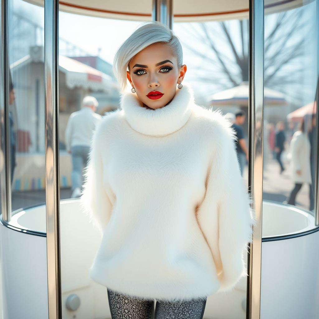 Amusement park “kissing booth”, sunny spring Sunday morning. Sam, 19 years old beautiful involuntary femboy, rebellious intractable character, petite boyish figure, platinum blond boyish rebel punk hairstyle, flawless heavily made-up face with sharp arched tattooed eyebrows, wearing Supertanya-style fluffy very fuzzy bright white angora thigh-length turtleneck-poncho fully covering body and arms, silver-glitter leggings, black leather high-heeled pumps, silver earrings, both hands tied to pole behind back, standing inside kissing booth, waiting for next customer to kiss. Focus on Sam’s face and turtleneck-poncho.