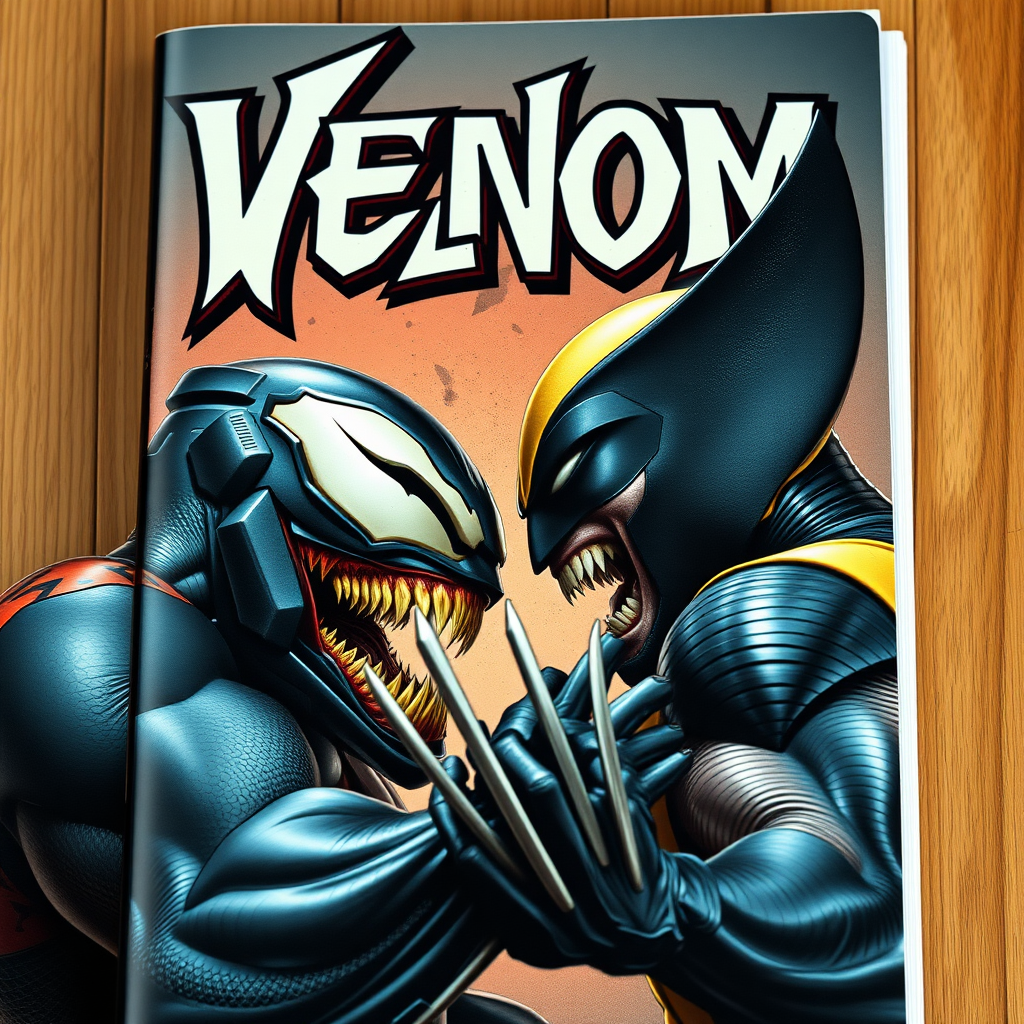 On a comic book cover is Venom Vs Wolverine in Cinematic Real3d photo-realistic quality.