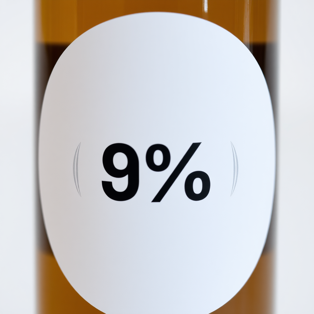 A photo of a bottle with a white circular label with a black percent symbol centered on it.