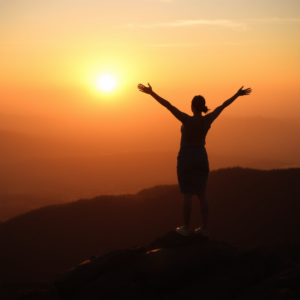 freedom. a woman standing on a mountain. rising sun in the background