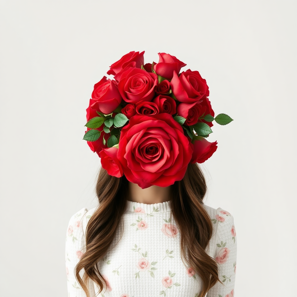 A red rose bouquet head, front view, wearing a white textured dress with pastel minimal floral print design