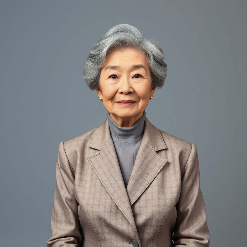 80 age old korean woman, front, woman suit, photo studio background,