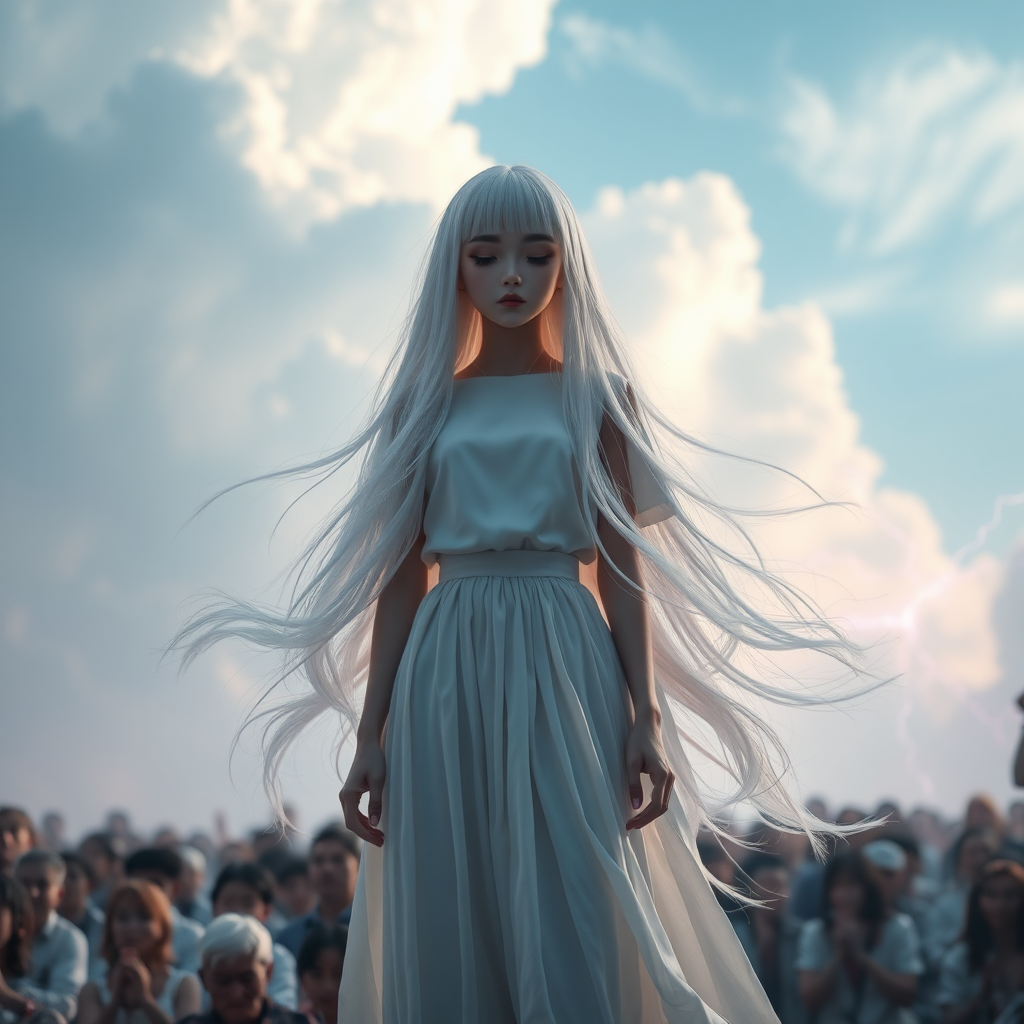 1 girl, solo, long hair, closed mouth, closed eyes, white hair, sky, clouds, white floating, floating hair, cloudy sky, audience facing, long skirt, electricity, pink lightning, Movie, Photo, Rich in Detail, Ultra High Resolution, 32K UHD, Sharp Focus, Best Quality, Masterpiece, Superb Details, Finely Balanced, With Exquisite Textures, Concept Art, mid-air, eye shadow, makeup,