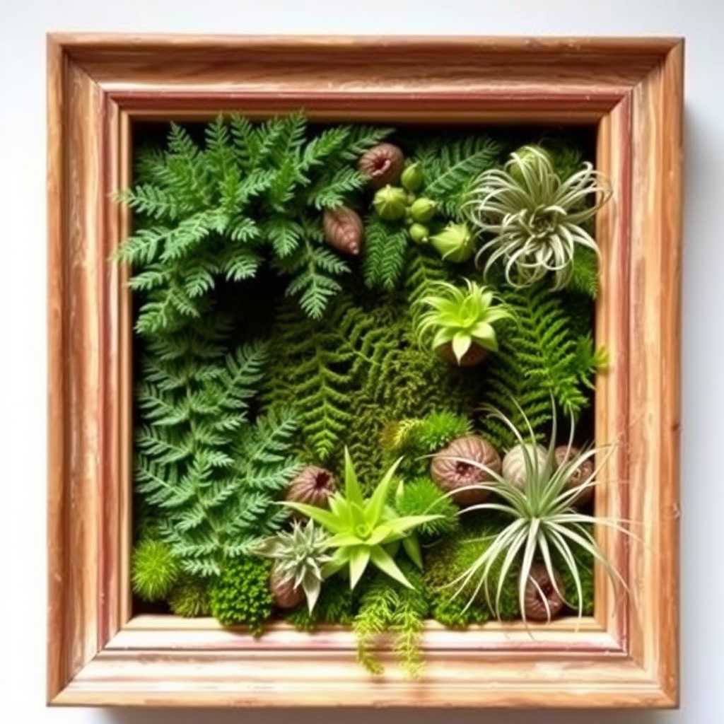 A picture frame is filled with ferns, laid-out moss, and air plants.