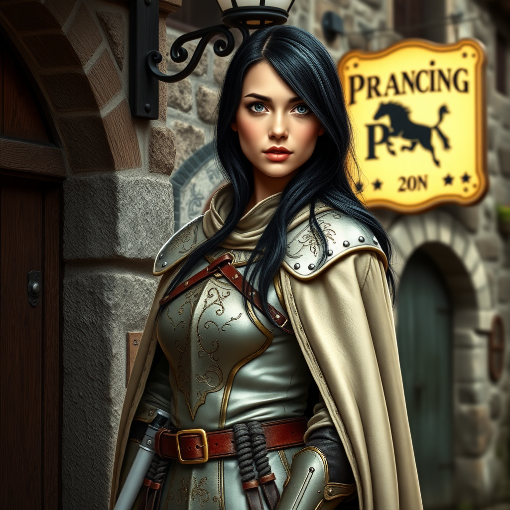 beautiful young woman, dark hair past her shoulders, blue eyes, small, slim figure, wearing light full leather armor suit, long cloak, standing next to medieval tavern with sign: "Prancing Pony".