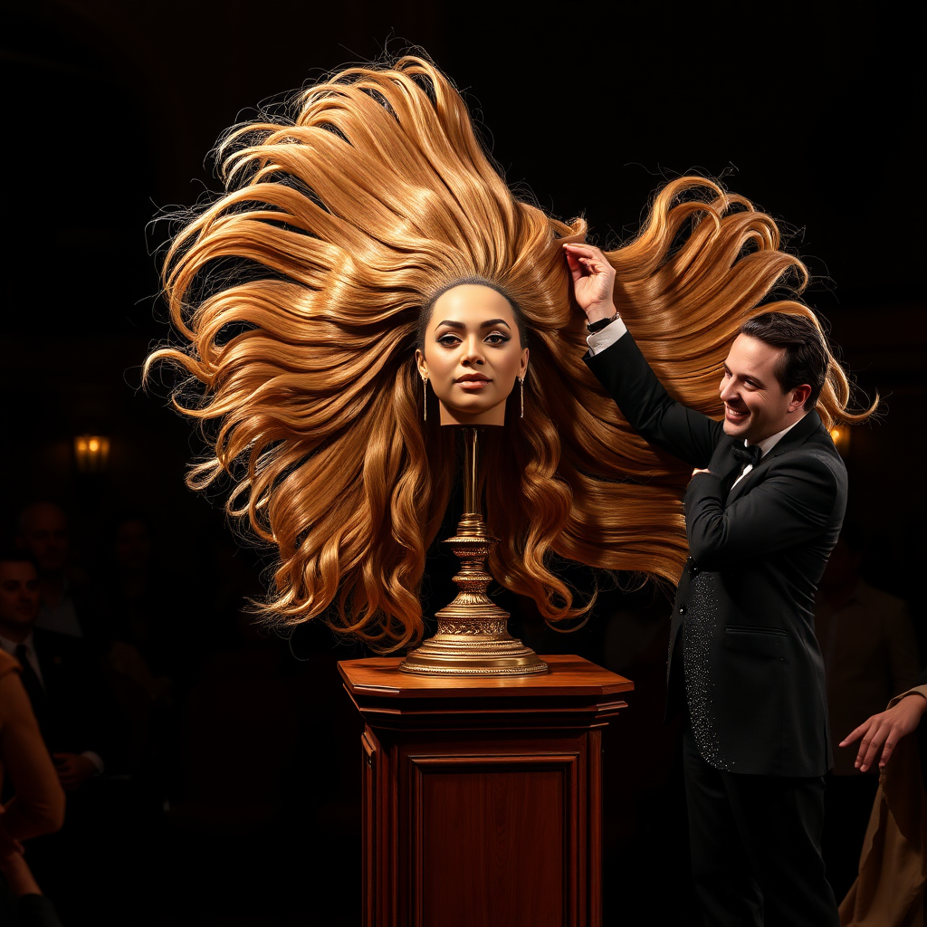 In a dimly lit theater, the atmosphere crackles with anticipation, the audience's murmurs a blend of curiosity and skepticism. On a grand, elegantly adorned display stand sits the disembodied head of the enchanting Beyoncé, her radiant skin glistening under the soft, warm glow of the spotlight. Her striking features are perfectly framed by cascading locks of lustrous, very long hair that shimmer with hues of light brown and hints of rich mahogany, reminiscent of polished silk.

Standing beside her is the magician, a charismatic figure in a sharp, tailored suit that glints with sequins in the light. With theatrical flair, he holds her voluminous hair aloft, fingers splayed wide, deftly spreading it out like a shimmering waterfall, mesmerising the audience. The hair flows like liquid night, each strand capturing the light as it falls gracefully to the ground, creating a stunning, almost surreal contrast against the stark wooden stage.

The magician’s face is lit with a confident smile, his eyes sparkling with the thrill of the performance, as he engages the audience with playful banter. Their gasps and laughter echo throughout the room, a symphony of wonder and disbelief. The scent of polished wood and fresh popcorn wafts through the air, mingling with the underlying electricity of the moment. Time seems to stand still as the audience leans in, captivated by the spectacle, a seamless blend of illusion and artistry that promises to defy reason and ignite imagination.