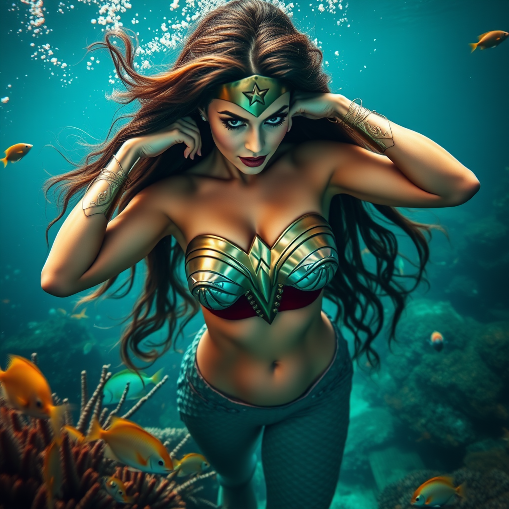 Wonder Woman as a fit and trim mermaid underwater amazing loose flowing hair floating in a nimbus around her beautiful face her arms outstretched languidly over her head. she's looking down into the viewer's eyes making intense eye contact. modesty protected by fish. Burlesque. Stunning undersea life details plants and fish and other creatures of the sea. Amazing HD DSLR photographic output.