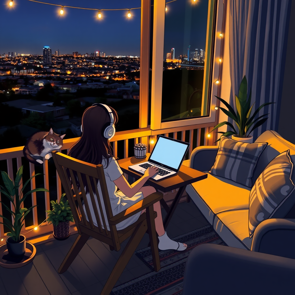 “A girl is sitting on a wooden chair on a cozy balcony at night, wearing headphones, working leisurely on her laptop on her desk. Next to her, a cat is resting peacefully on the balcony window. The balcony is decorated with plants, lights and a sofa with pillows, creating a calm and inviting atmosphere. The rural city skyline in the background adds a touch of city life to this tranquil setting.”