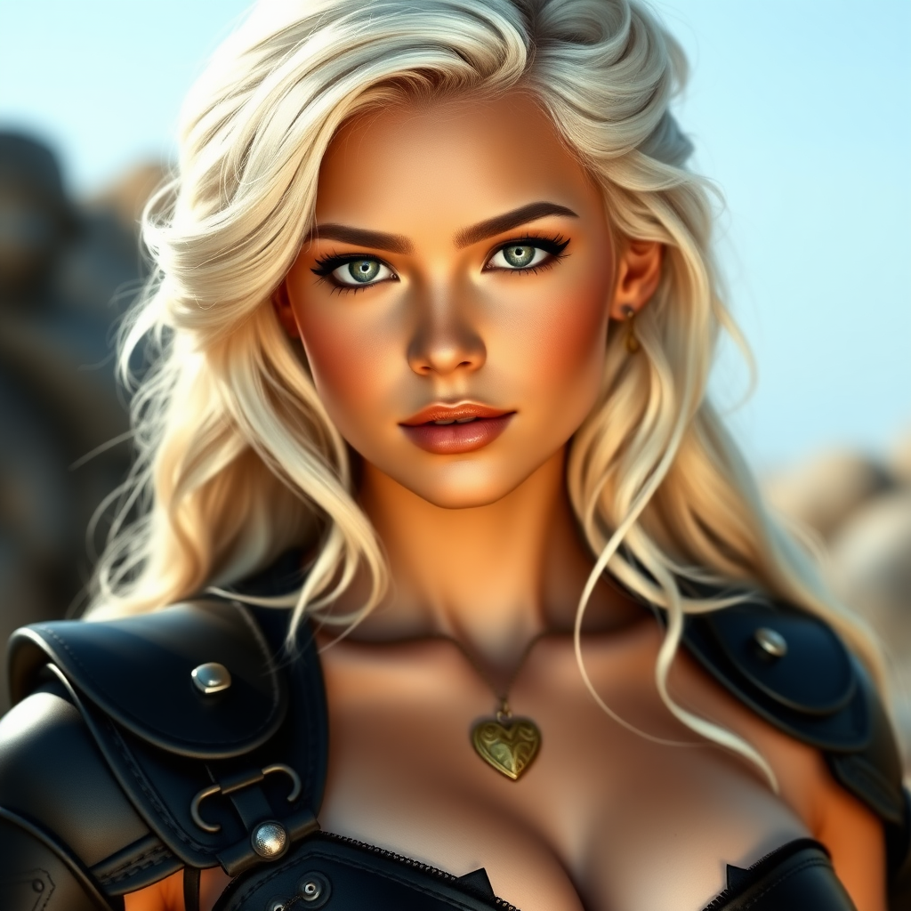 Portrait of a beautiful young woman with long wavy platinum blonde hair, platinum blonde eyebrows, green eyes, a suntan, and large breasts. She is wearing black leather armor and a gold necklace with a small heart pendant.