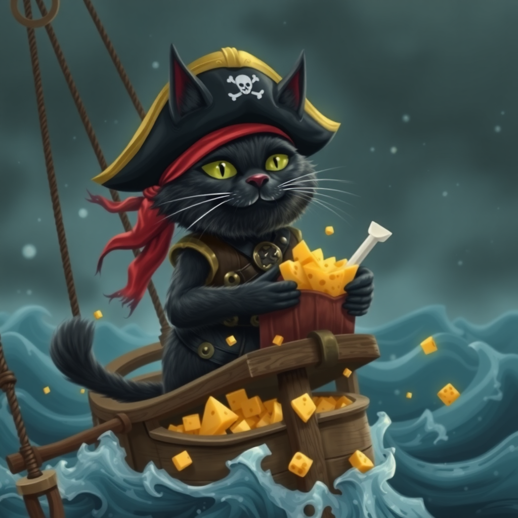 Black cat pirate Captain with treasure cheese filled with cheese on a pirate ship in a storm