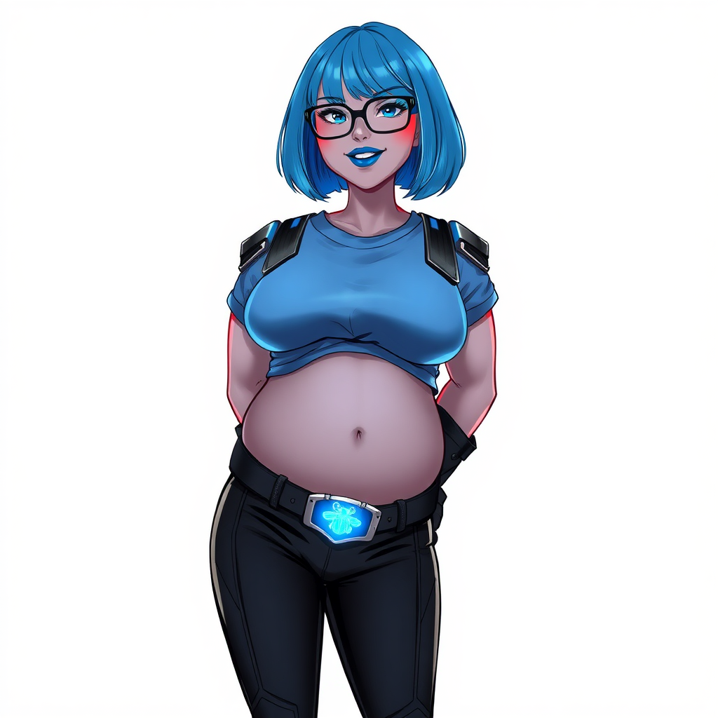 A 28-year-old, full-figured, middle gray skinned computer program hybrid with a maximum blue bob cut. She has a non-athletic build, highlighted by a prominent, round, large midsection (with heavy emphasis on her belly). As a digital sidekick, computer hacker, and nerdy girlfriend to her cyberpunk vigilante boyfriend, her middle gray metallic skin and maximum blue lipstick emphasize her digital nature. She wears a digital, computerized costume consisting of a huge, tight-fitting, maximum blue t-shirt with a neon blue beetle chest icon, hi-tech shoulder pads with neon blue accents, a black belt with a digital neon blue glowing beetle buckle, black biker pants with neon blue glowing accents, and black hi-tech gloves with neon blue glowing accents. Her bright blue eyes, black eyeglasses, and lovestruck smile with neon red blush accentuate her nerdiness. She stands bashfully with her hands behind her back, her costume covering all her skin and emphasizing her full-figured physique (especially her belly). She is clearly non-athletic, with a focus on her full-figured physique. Despite her build, she radiates beauty. She is on a solid white background. She is drawn as if she was in a retro 2D cyberpunk fighting game.