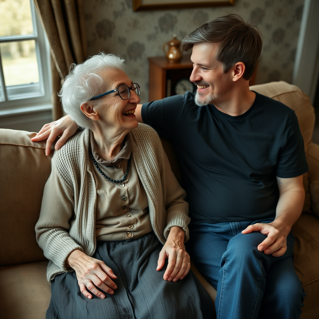 In a scene viewed from an angle and slightly above: In an old-fashioned English living room, a very frail and thin, very elderly English lady with a kind smile, short, thinning white curly hair, wrinkled face, neck and skin, wearing thin framed glasses, an old cardigan, blouse and long skirt is sitting on a sofa with an English man about 40 years old, grey stubble on his chin, brown hair, sitting close next to her on the same sofa, wearing a black T-shirt and dark blue jeans. The man and woman are smiling at each other. The woman is looking at the man's eyes and smiling. The man is looking at the woman's eyes and smiling.