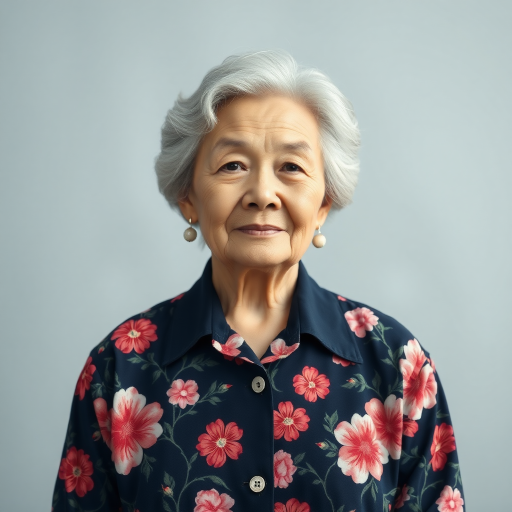 80 age old korean woman, front, flower shirt, photo studio background,