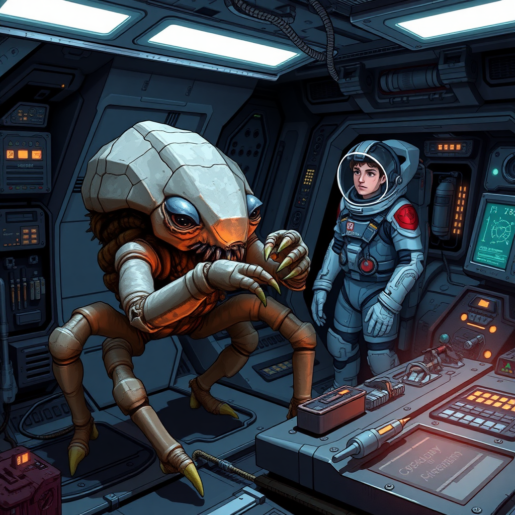 Depict Rocky, an alien from the planet Erid, aboard a high-tech spacecraft, working alongside Ryland Grace. Rocky is a five-legged creature with a crab-like appearance, covered in thick, chitinous armor. Rocky does not have eyes or a head but his limbs are arranged symmetrically around a central 5-sided body, and each limb ends in a claw-like appendage, which he uses to manipulate tools with precision. His rock-like body contrasts with the smooth, sleek surfaces of the human-designed spaceship. In the background, Ryland Grace, a human astronaut in a futuristic space suit, is observing Rocky as they collaborate on repairing or analyzing a piece of alien technology aboard the ship. The environment should feel claustrophobic yet futuristic, with glowing control panels, tools, and wires scattered around the scene. Rocky’s presence, though alien, conveys a sense of cooperation and intelligence, with both characters focused on their shared task.