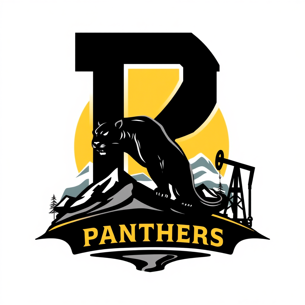 Generate a new logo for the Rangely Panthers in Colorado that includes the capital letter R, a black panther, foothills, and an oil pump.