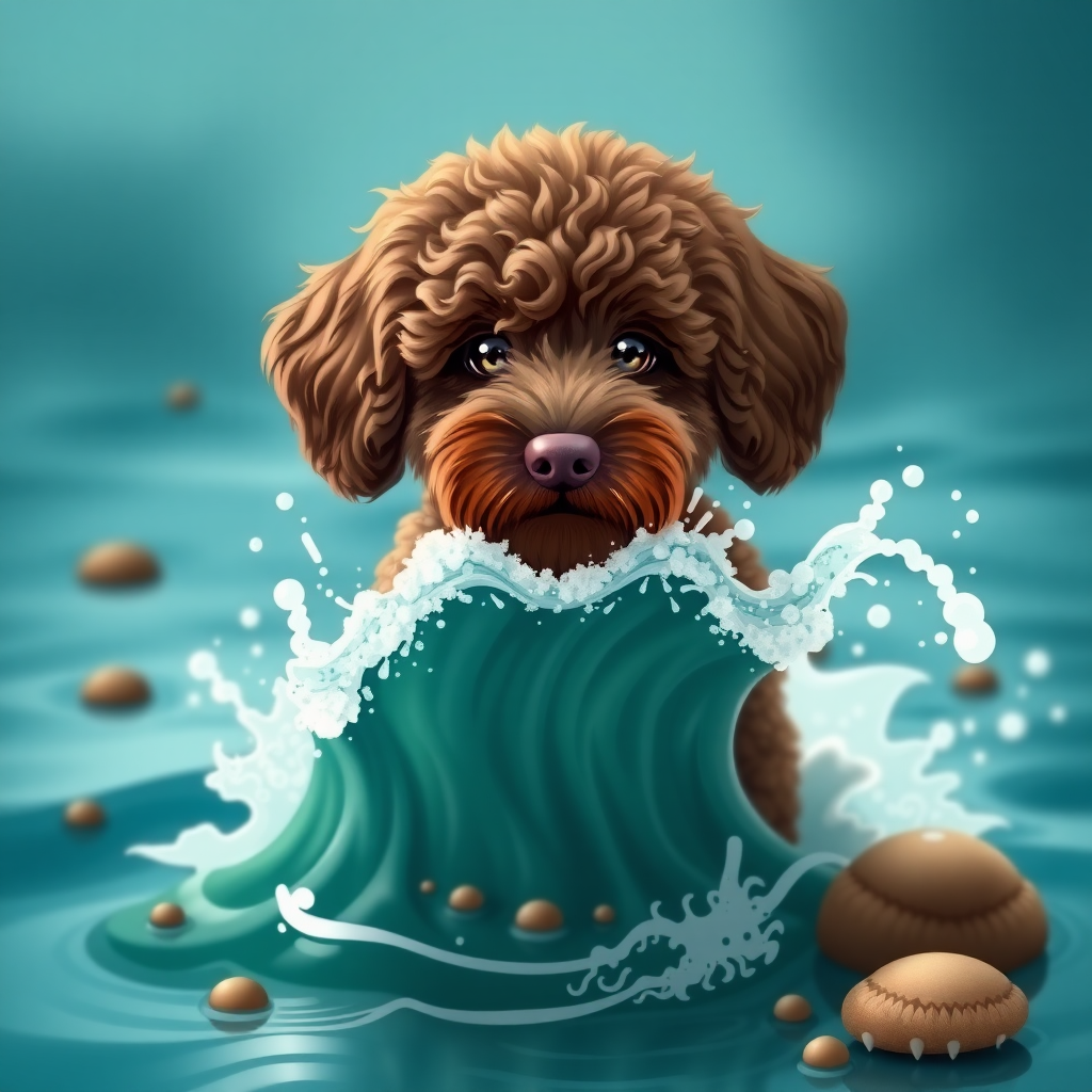 Can you make me a picture of a cute chocolate colored cockapoo ocean sea monster coming out of the ocean to eat Maine?