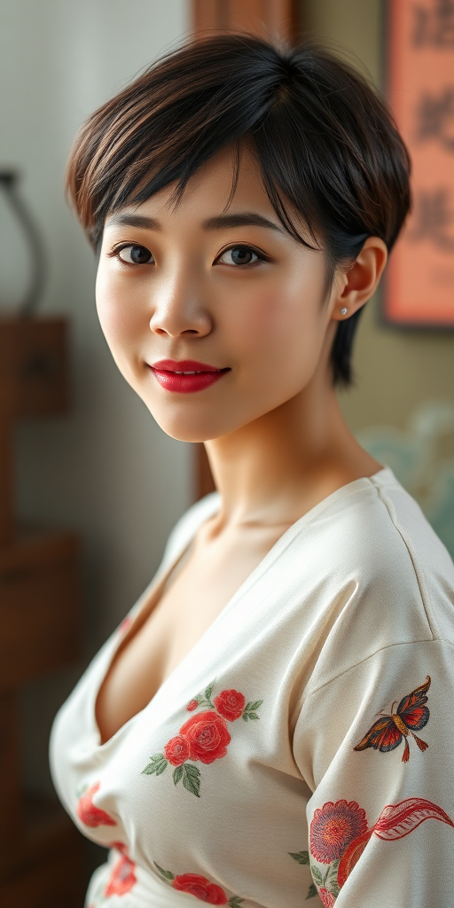 A young Chinese woman, with short hair, beautiful, and plump.