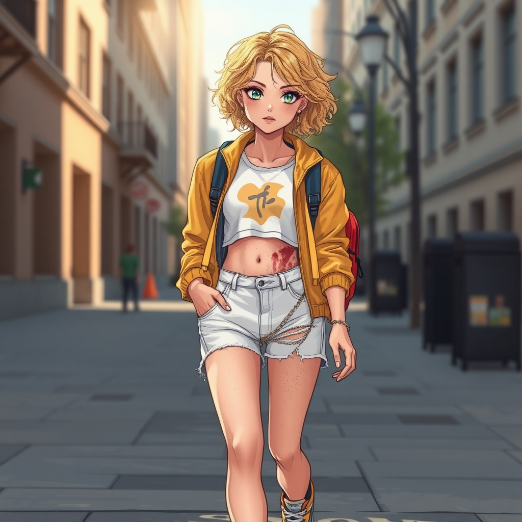 Realistic drawing style image, Extremely good quality 8k resolution drawn manga image of a 15 year old petite and short tomboy girl with golden blonde curly hair with mixed and different colored eyes for each eye and moles on her entire body and is a white American girl, Has on a Gold Jacket over a white extremely short crop top only covering her breasts and nothing more with a design on it, and has on ripped shorts and cool looking sneakers and a deep and big knife cut wound on her stomach from a huge injury she had, with a bright color backpack, ear piercings on, walking on the street to school in the morning with the beautiful sunlight lighting up her body beautifully with no tattoos.