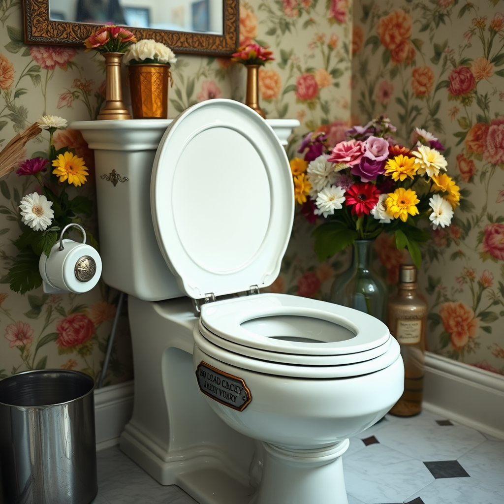 fancy toilet with a metal plaque on the side that says "NO LOAD CAPACITY WORRY", in a very bright room decorated with floral wallpaper and flowers in vases