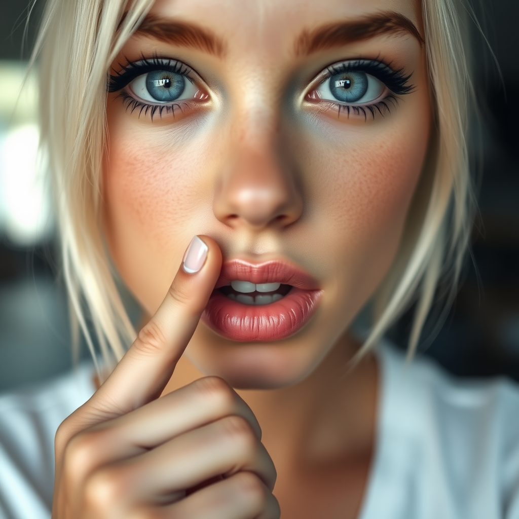 a young woman is holding her finger to her lips, 1girl, looking at viewer, blue eyes, blonde hair, solo focus, blurry, lips, eyelashes, blurry background, close-up, realistic. bleached blonde, black eyeliner, very large eyes, tanned skin.