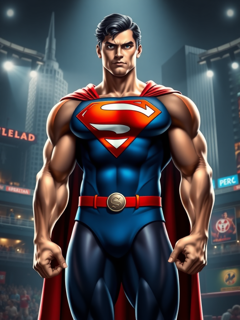 Superman, with the head and face of the traditional Superman, but the body of Cammy from Street Fighter. Emphasize the muscular torso, strong shoulders, and defined legs. Retain the Superman costume, but incorporate the red and blue color scheme of Cammy's outfit. Add a small, stylized "S" logo on her belt. The background should be a blend of Metropolis and a Street Fighter arena, featuring iconic elements from both. The lighting should be dramatic, highlighting the character's physique.