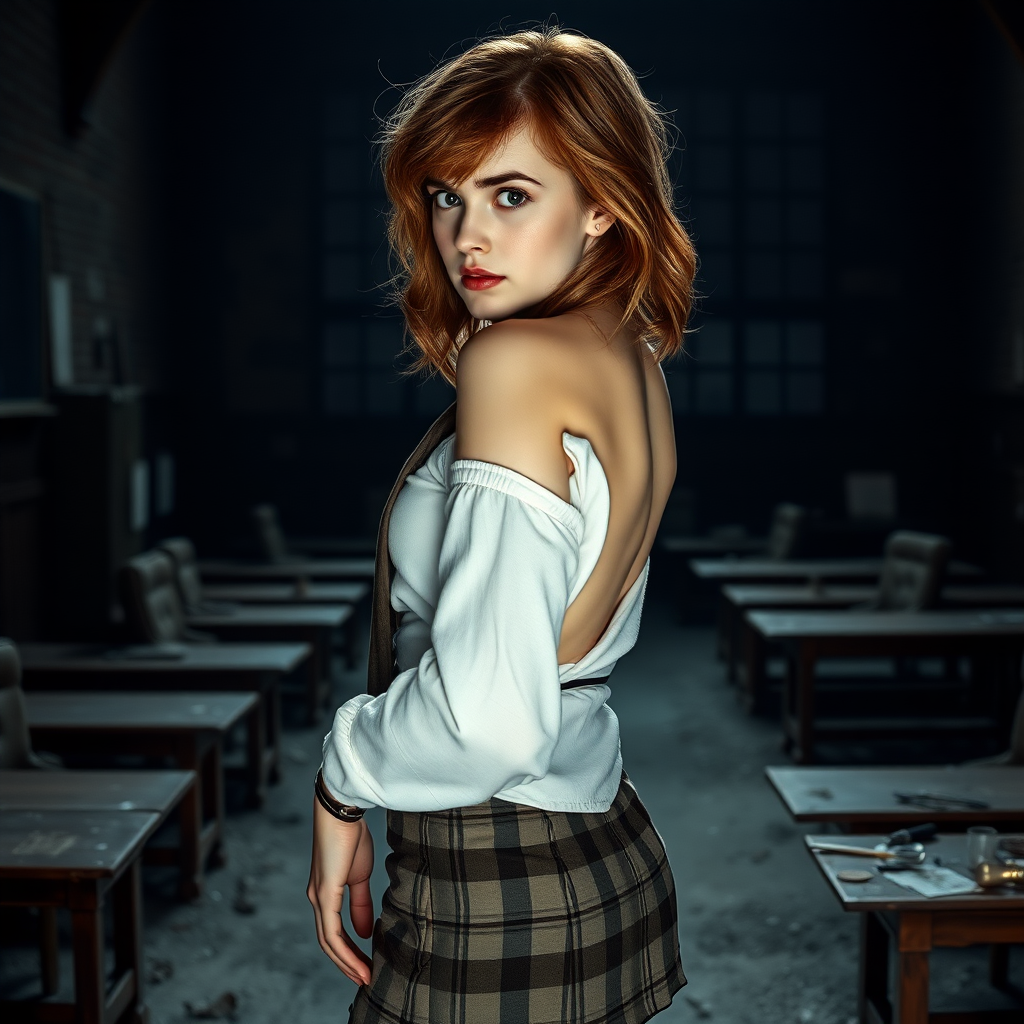 Emma Watson as Hermione Granger, midnight, 18 years old, tousled hair, seductive, very pale skin, natural makeup, sideboob, over-knee boots made from leather, short checkered miniskirt, voluptuous butt, stained white linen shirt, necktie, flat chest, looking cravingly at viewer over shoulder, full body shot, seductive, teasing, dark and moody, skin details, skin imperfections, dirty and abandoned Hogwarts classroom in background, moonlight, photorealistic, ultra high resolution, 16K, viewed from side, silhouette.