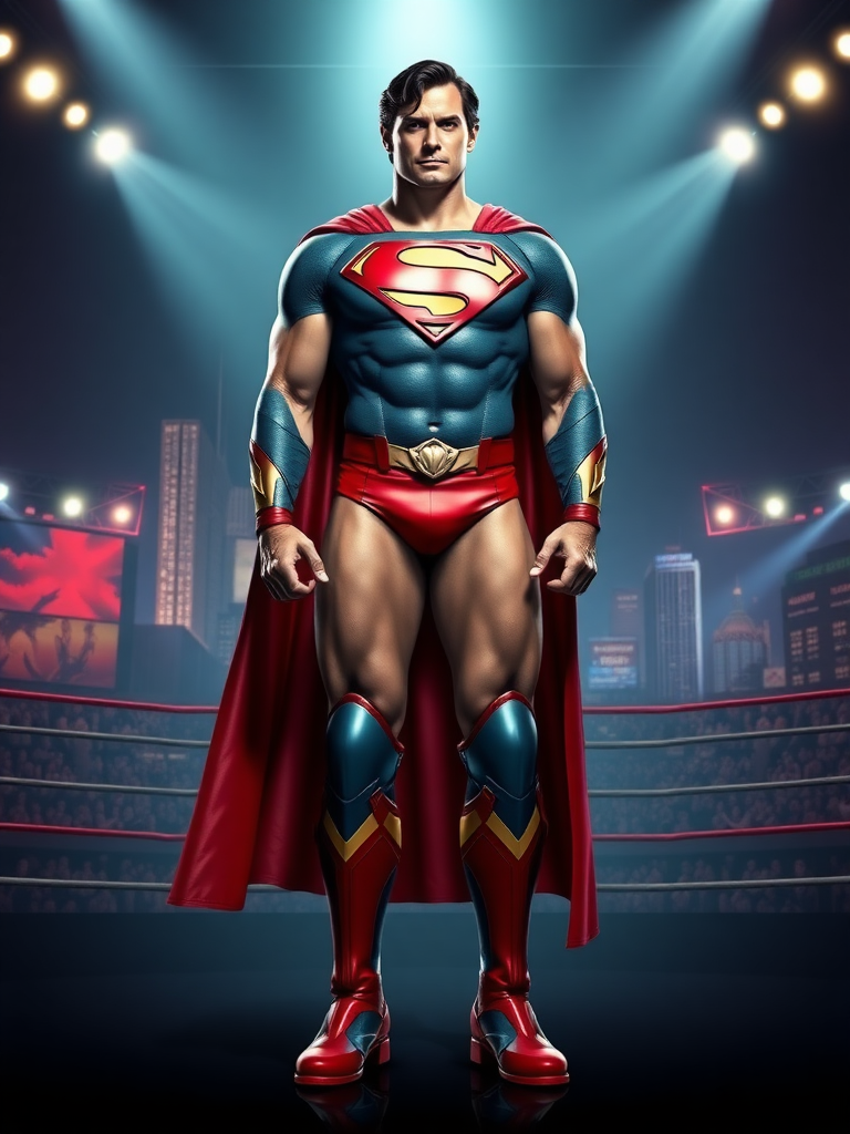 Create a full-length image of Superman with the same muscular, curvaceous physique and female body traits of R Mika, including her notable curves and powerful legs. Maintain Superman's head and face, but modify his costume to fit this physique. Incorporate embellishments from R Mika's costume, like thigh-high boots and accents inspired by her outfit. The background should blend elements from Metropolis and a wrestling ring, reflecting themes from both characters. Add dynamic lighting to highlight the character's powerful stance and detailed body features.