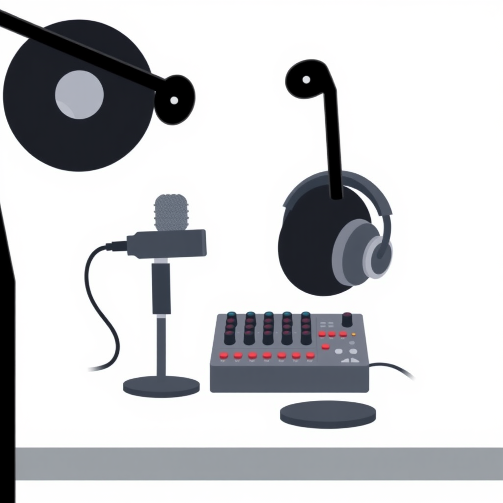 A minimalist, flat design illustration of a podcast setup. The image should include a microphone, headphones, and a sound mixer on a simple desk or tabletop. The background should be a plain, neutral color like white, gray, or light blue. The overall style should be clean, modern, and visually appealing as a generic stock image for podcasting.