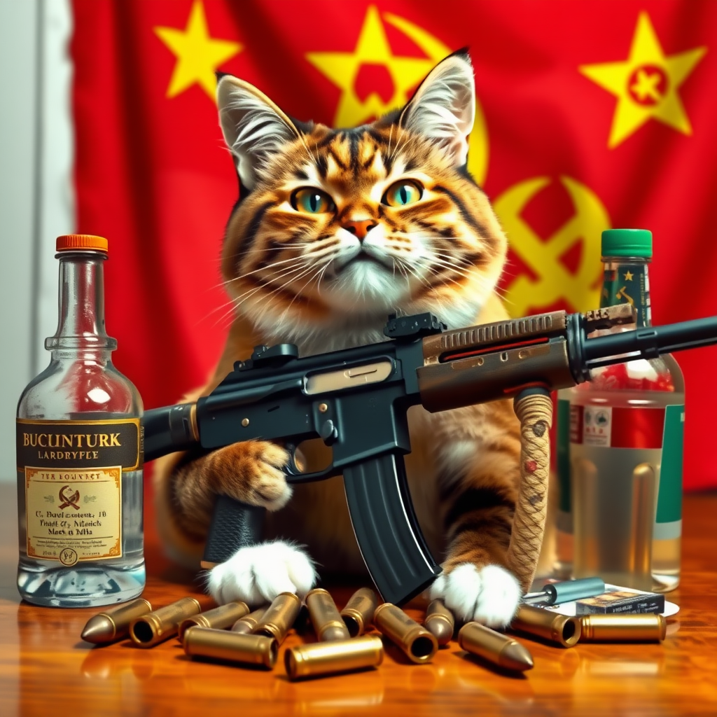 Soviet communist cat with an AK-47 and vodka and a USSR flag behind a table with bullet casings on it.