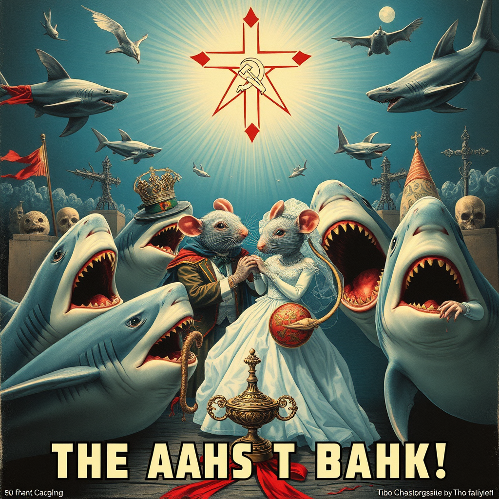 A rat wedding being attacked by sharks, Catholic, Soviet propaganda poster, steam punk, no text