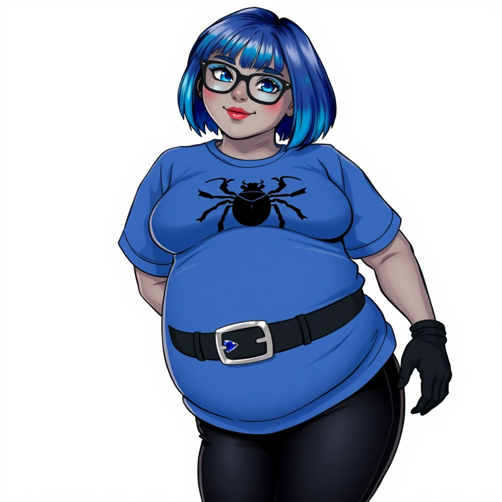 A 28-year-old, full-figured, metallic middle gray skinned computer program hybrid with a short maximum blue bob cut. She has a non-athletic build, highlighted by a prominent, round midsection (with a focus on her round belly). As a digital sidekick to her cyberpunk vigilante boyfriend, her middle gray metallic skin and maximum blue lipstick emphasize her digital nature. She wears a large, tight-fitting, maximum blue t-shirt (accentuating her belly) with a black chest icon of a beetle on its chest, black pants, a black belt with a sapphire scarab buckle, and black gloves. Her bright blue eyes, black eyeglasses, and shy smile with neon red blush accentuate her nerdiness. She bashfully bows her head with her hands behind her back, her t-shirt covers her midsection (especially her belly) and emphasizing her full-figured, non-athletic physique. She is on a solid white background. She is drawn as if she was in a retro 2D cyberpunk fighting game. She is clearly non-athletic, with a focus on her full figure. Make sure her outfit covers all of her bare skin (especially her midsection).