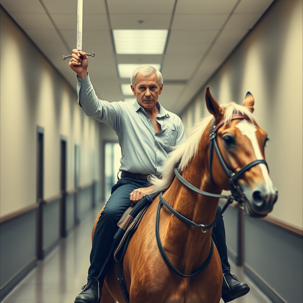 Polaroid, vsco filter, photo realistic Pat Gelsinger riding a horse, holding a rapier in the air. Pat is an older thin male with short gray hair and deep set eyes. Pat is wearing a ripped and torn dress shirt. The horse is riding through the halls of a corporate office.