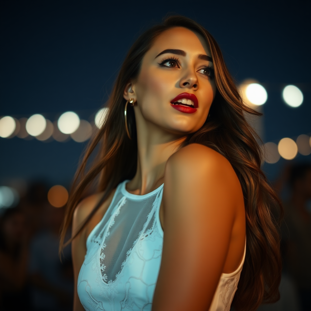 a young woman singing. she is looking like lucy thomas. long brunette hair with highlights, narrow pale blue eyes. suntanned skin. small lips with dark red lipstick. looking to the side. wearing a white dress with transparent lace. view from far. night sky in background. photo